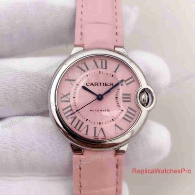 Replica Ballon Bleu De Cartier Ladies Watch Pink Roman Dial leather band